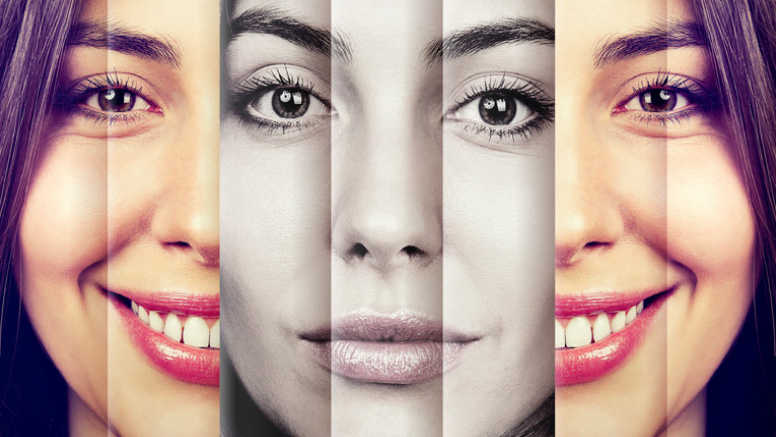 Photo of black and white woman being turned into smiling woman in color