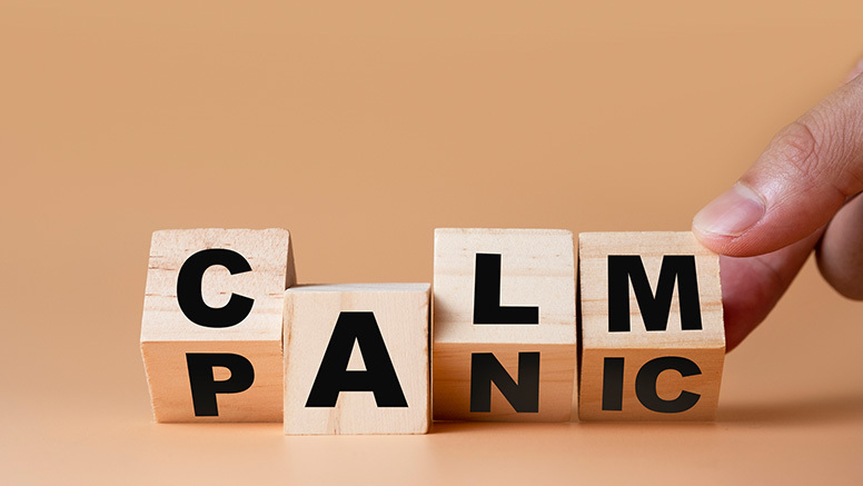 letter blocks on one side reading calm, on the other panic.