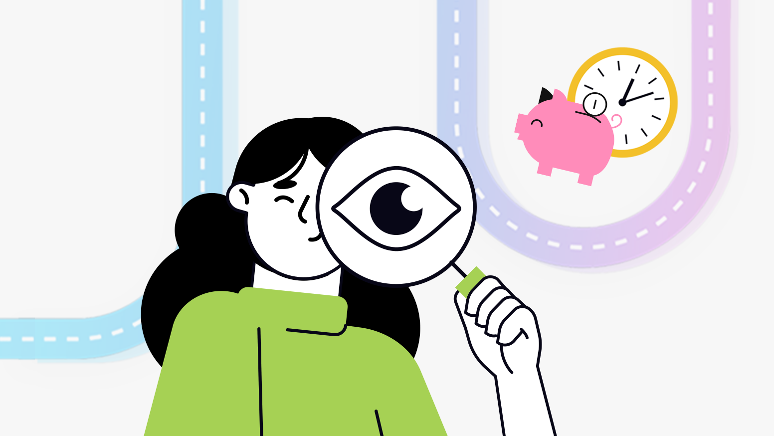 Graphic illustration of woman looking through magnifying glass with piggy bank and clock in the background