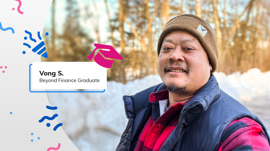 Image of Beyond Finance Graduate Vong S. with celebratory design elements
