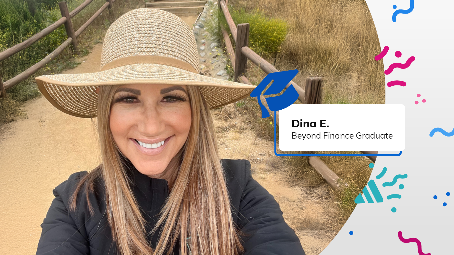 Image of Beyond Finance graduate Dina E. smiling on a hiking trail with confetti graphics