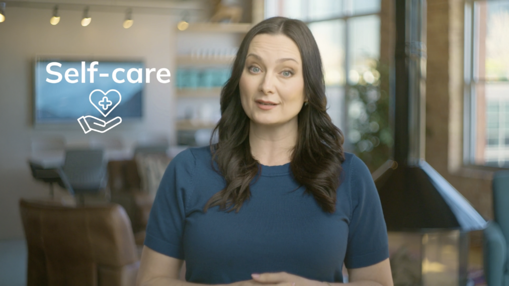Beyond Finance’s chief financial wellness officer and financial therapist, Dr. Erika, appears next to the text "self-care" and a self-care icon