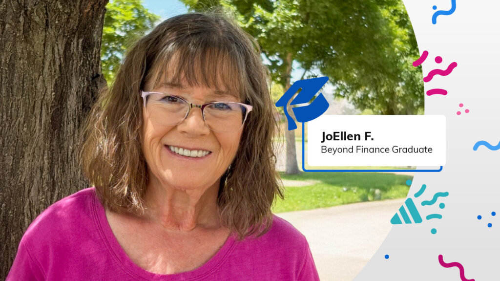 JoEllen F. Beyond Finance Graduate smiles in park with graphics of confetti