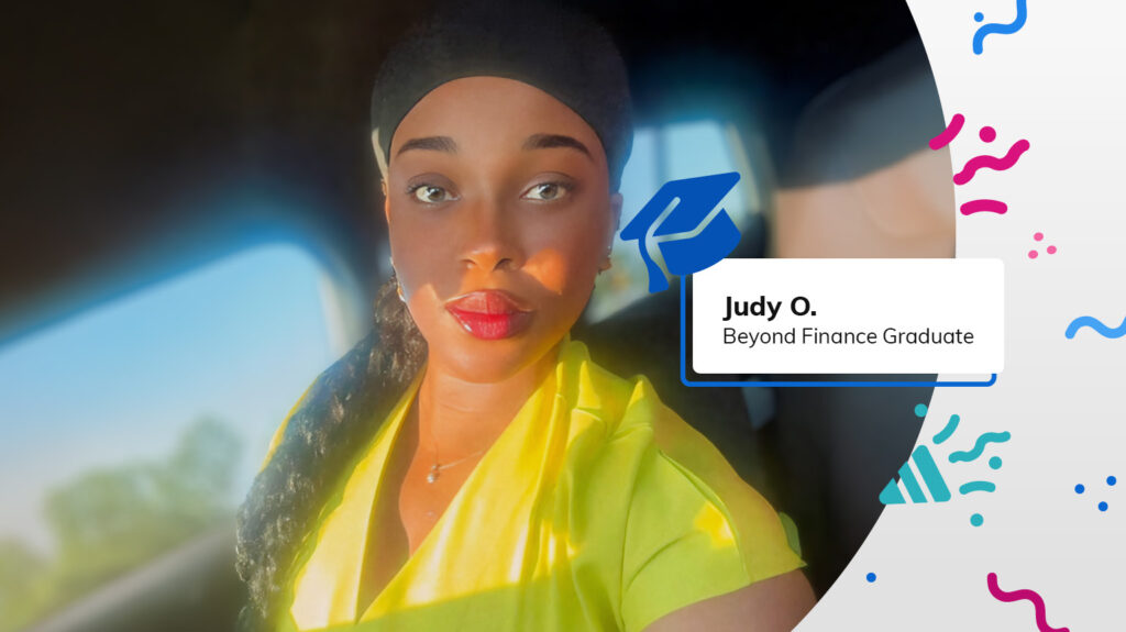 Beyond Finance graduate Judy O. looks straight to camera confidentally, next to graduation hat and confetti graphics