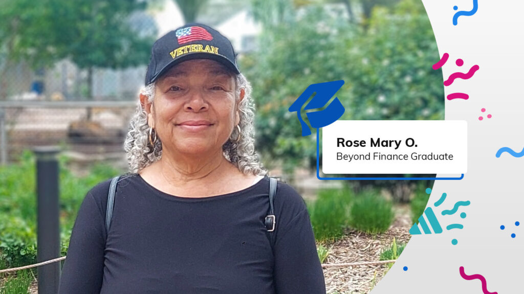 Rose Mary O Beyond Finance Graduate in Vietnam hat next to graduation hat and confetti graphics