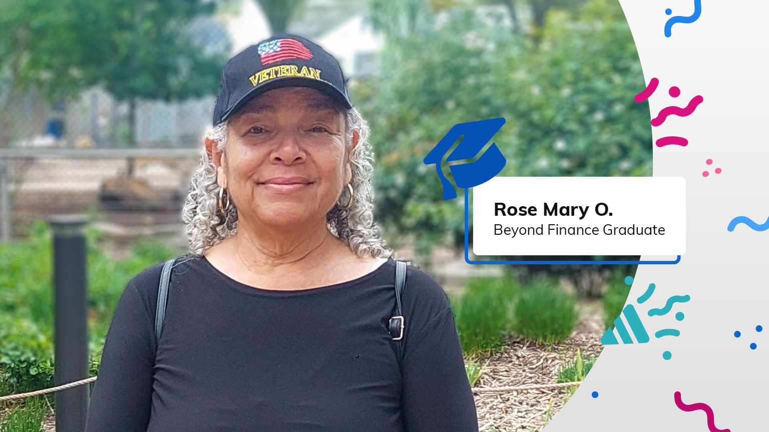 Rose Mary O Beyond Finance Graduate in Vietnam hat next to graduation hat and confetti graphics