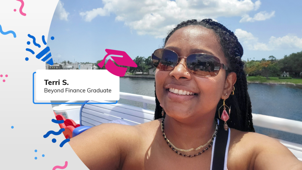 Beyond Finance Graduate Terri S. on the deck of a boat smiling