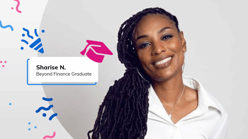 Beyond Finance client graduate Sharise next to graduation hat graphic and confetti