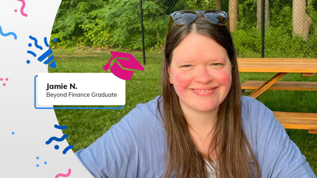Beyond Finance graduate Jamie N. smiling in a park next to confetti graphics
