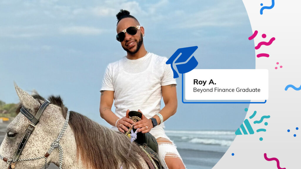 Beyond Finance Graduate Roy A. smiles atop a horse next to confetti graphics