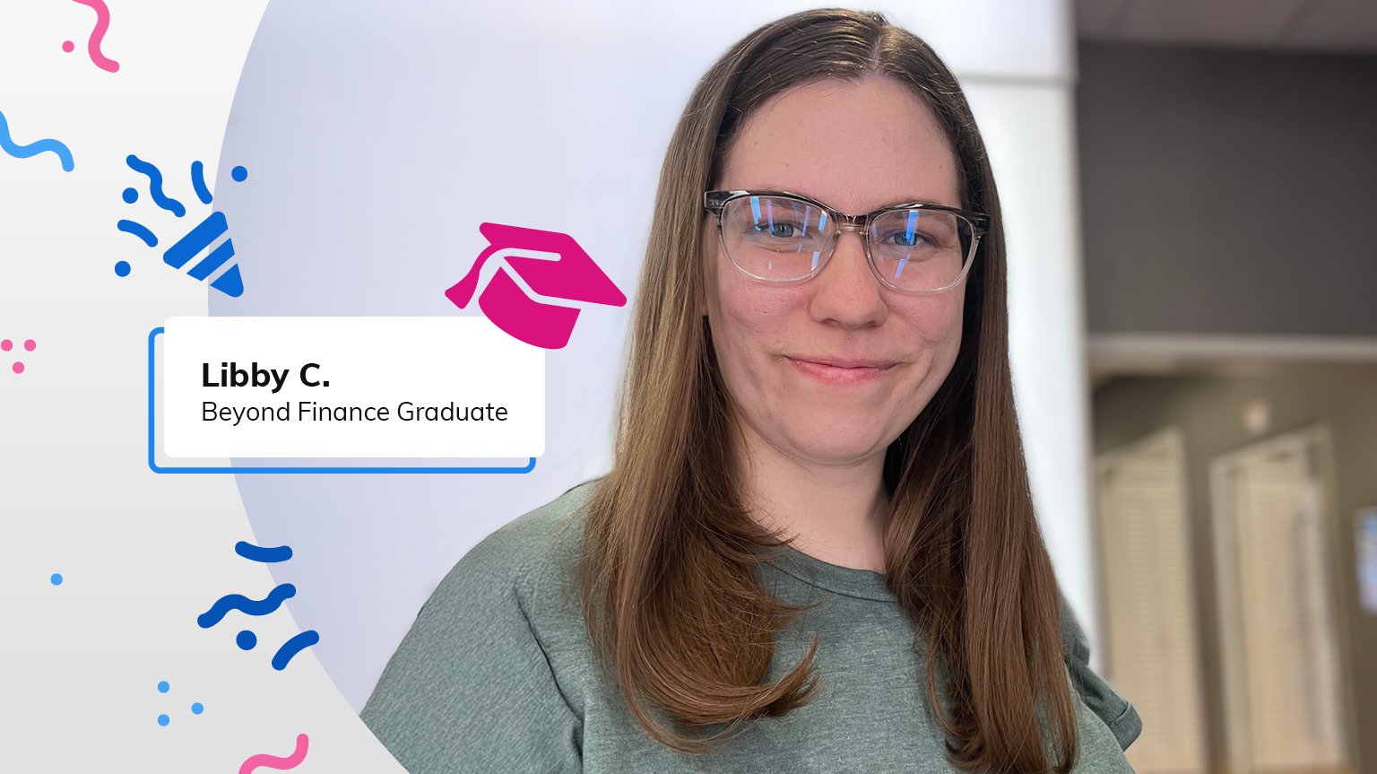 Beyond Finance graduate Libby C smiles towards camera next to confetti graphics