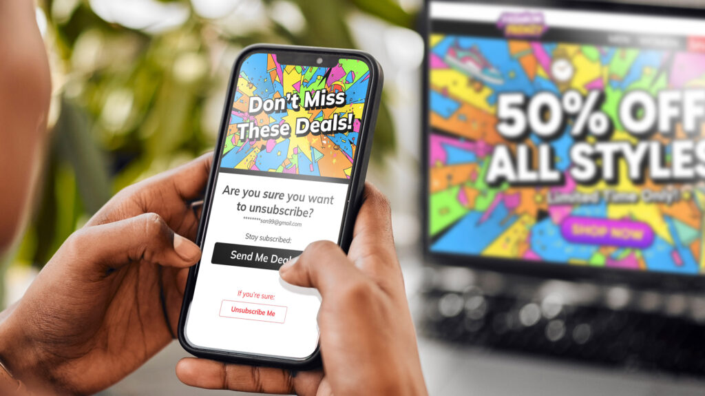 Someone holding a phone with an add about not missing deals. Their thumb hovers between "Sent me deal" and "unsubscribe me"