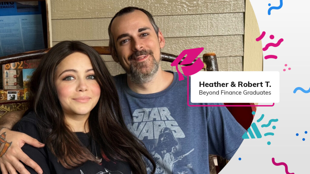 Heather & Robert T., Beyond Finance Graduates smile toward camera with graphics of graduation hat and confetti