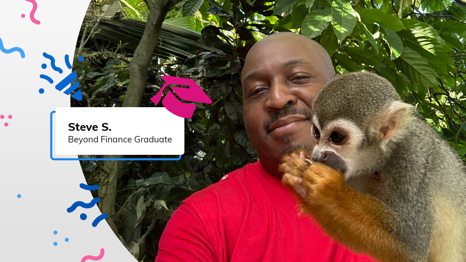 Beyond Finance client graduate Steve S. poses with a monkey on his travels