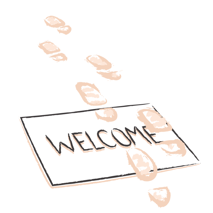 A doormat with footprints crossing over it.