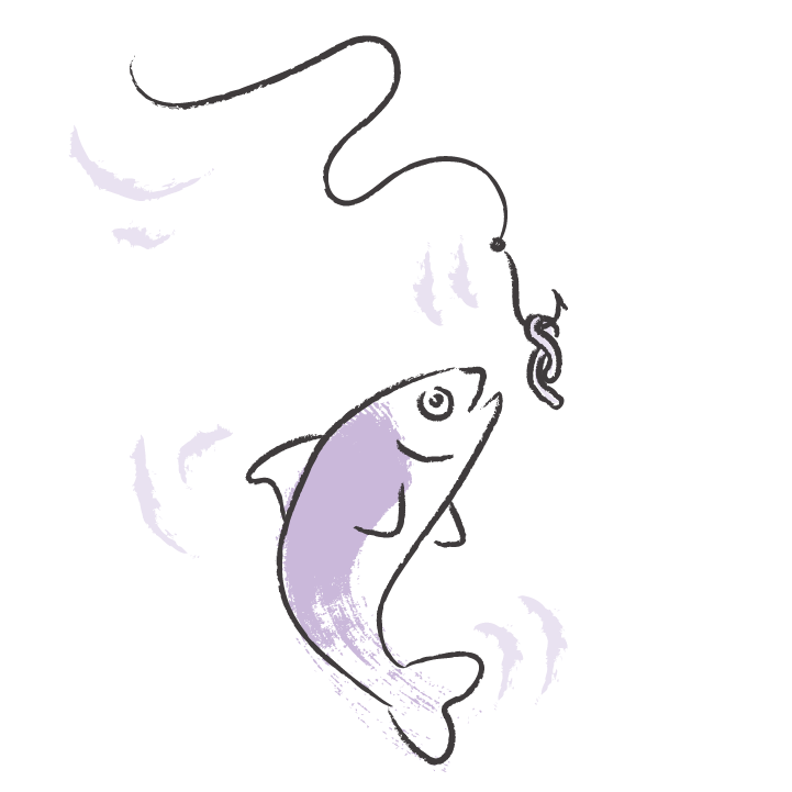A fish leaping toward a baited hook.