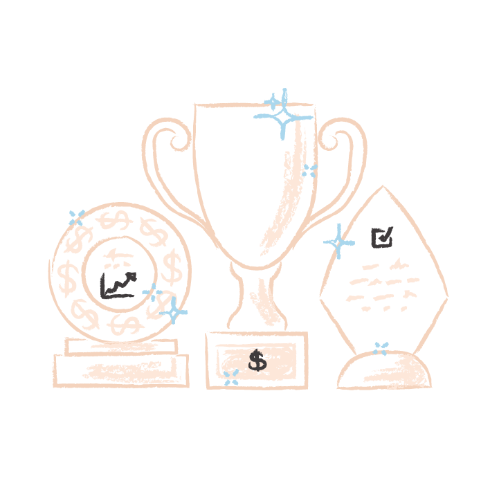 Three trophies showing achievements in money and organization.