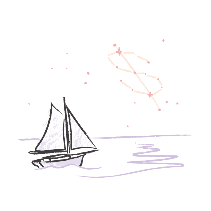 A sailboat navigating by a constellation shaped like a dollar sign.