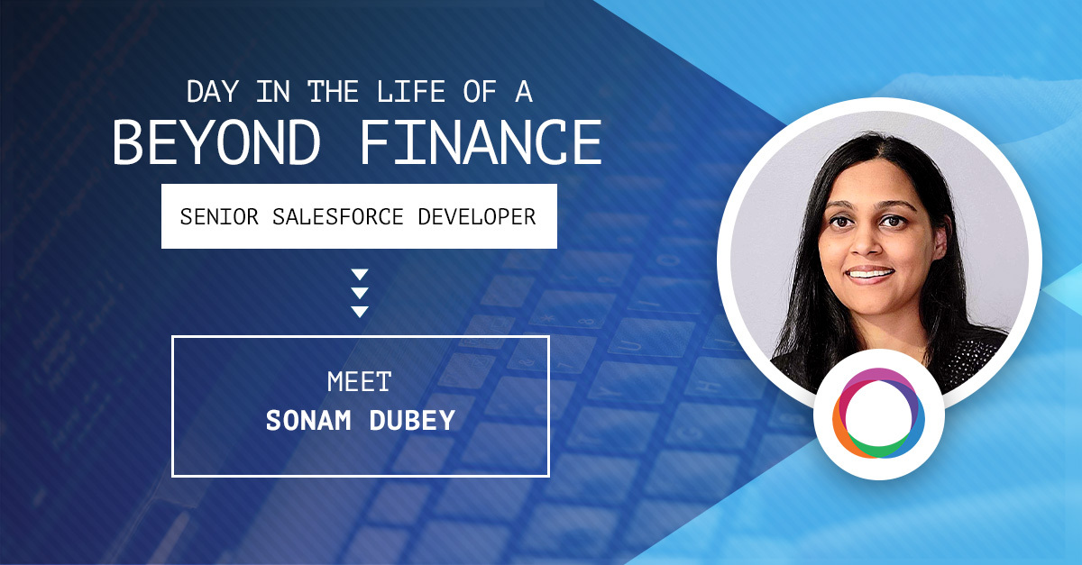 Banner with photographic portrait of Sonam's face and title: Day in the life of a senior salesforce developer