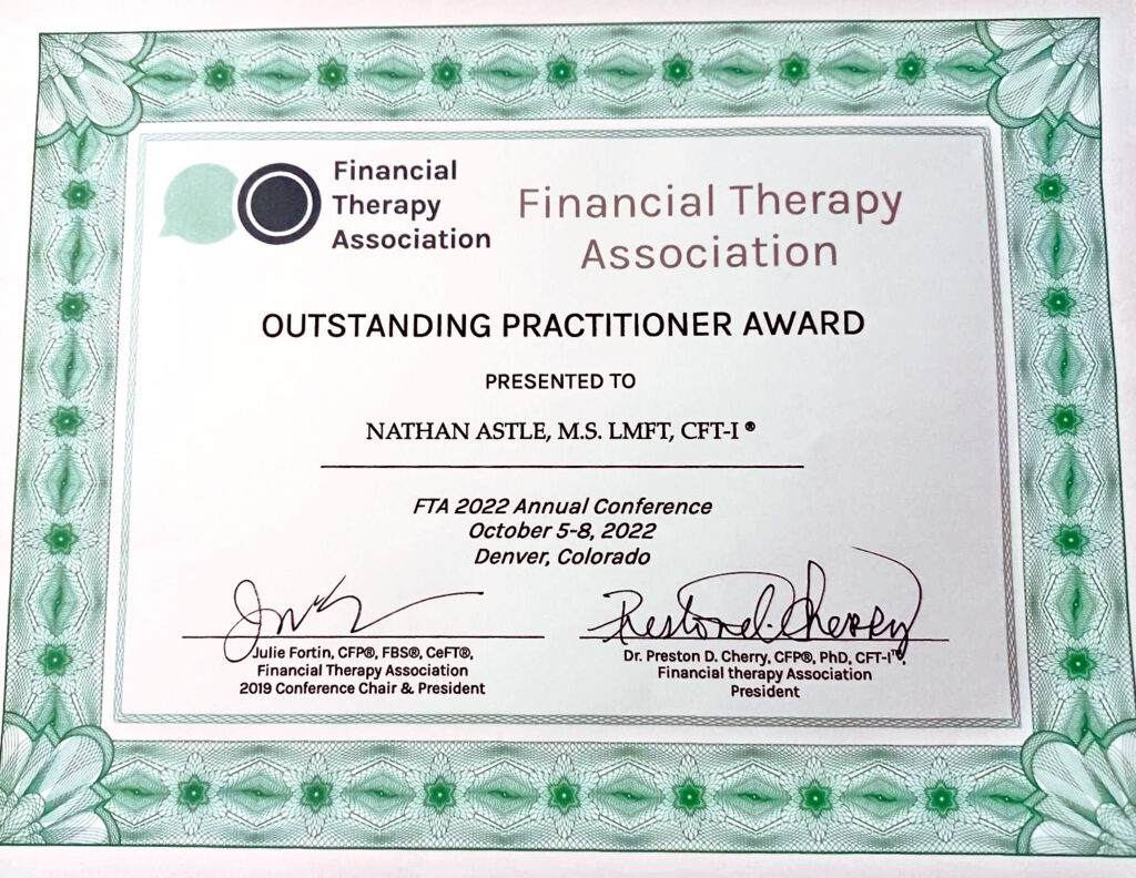 Nathan Astle's Award from the Financial Therapy Association