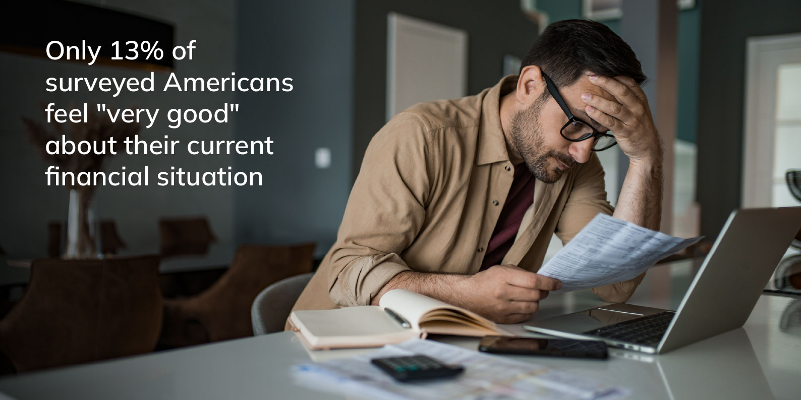 Image of man stressing over debt in his kitchen, along with text "Only 13% of surveyed Americans feel "very good" about their current financial situation"